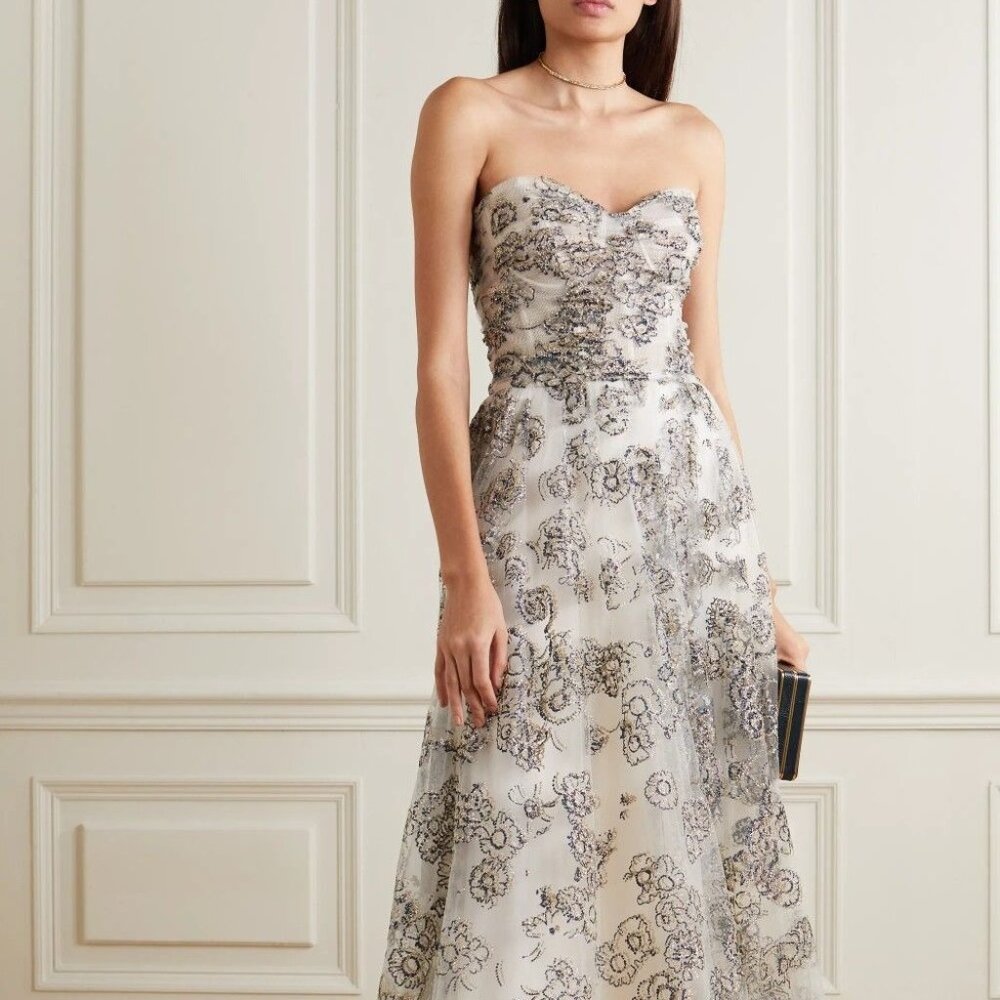 Monique Lhuillier - Strapless glittered tulle gown - Glitter navy size 4